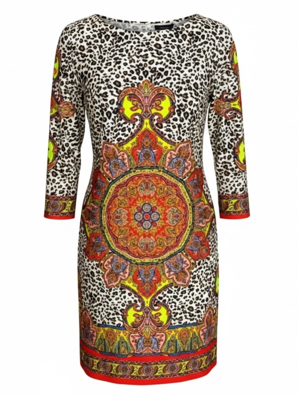 London Times 12 black & brown retro animal print stretch 3/4 sleeve sheath dress